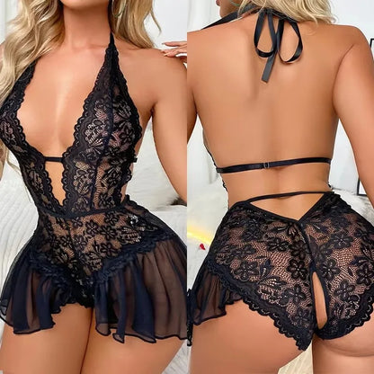 Erotic Costume Teddy Baby Doll Dress Deep V Open Bra