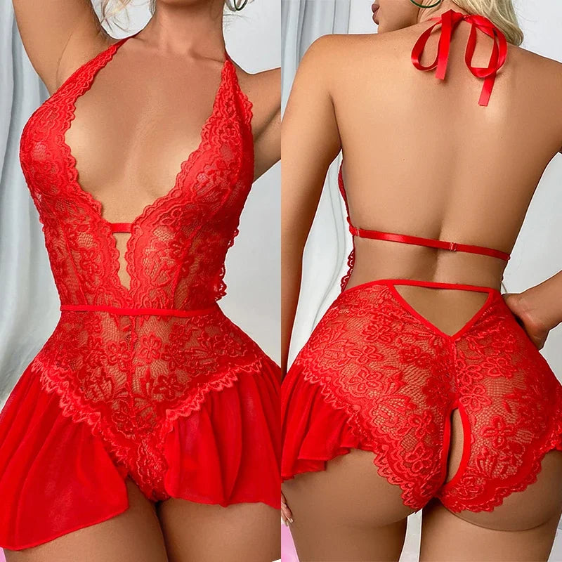 Erotic Costume Teddy Baby Doll Dress Deep V Open Bra